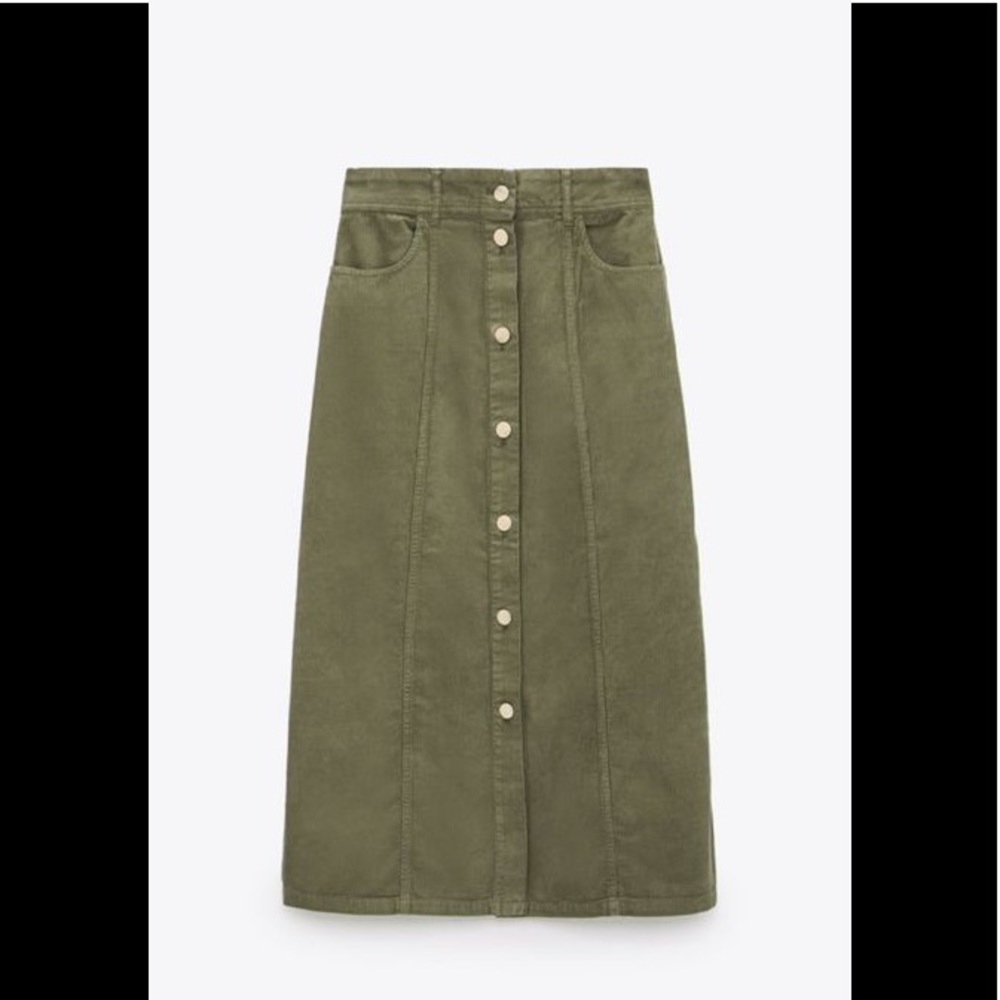 Olive Button-Front Midi Skirt